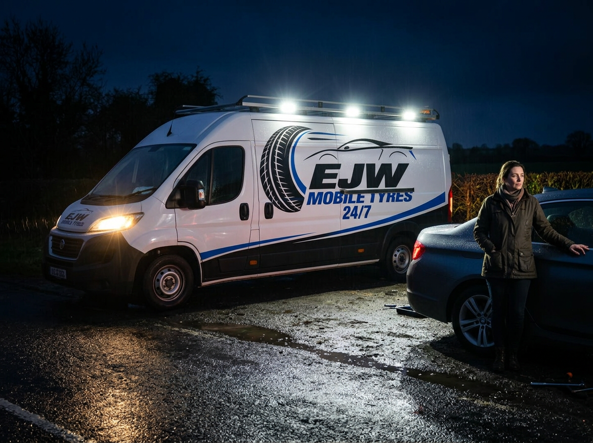 EJW van at a night-time roadside call-out with a stranded car